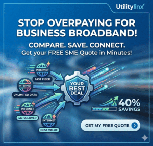 A promotional blue infographic for Utilitylinx business broadband services. Large white text at the top reads 'STOP OVERPAYING FOR BUSINESS BROADBAND!' with the tagline 'COMPARE. SAVE. CONNECT.' The central graphic shows four arrows labeled 'Fast Fiber,' 'Unlimited Data,' '4G Failover,' and 'Best Value' pointing toward a shield icon that says 'YOUR BEST DEAL.' A progress bar on the right highlights '40% SAVINGS,' and a prominent button at the bottom invites users to 'GET MY FREE QUOTE.' The Utilitylinx logo is in the top right corner.
