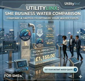 An infographic for Utilitylinx showcasing SME business water comparison. The scene is set in a sleek, high-end corporate lobby with floor-to-ceiling windows overlooking a night-time city skyline. Three professionals in business attire stand near digital kiosks, examining a large holographic display. The display features a "Previous Water Supplier" pipe with a high-volume gauge and a "New Optimized Deal" pipe showing "Up to 35% Saved!" Key metrics highlight a 35% bill reduction and £1,150.00 in projected yearly savings. A digital water meter and "Get Your Instant Water Quote" button are prominent in the foreground.
