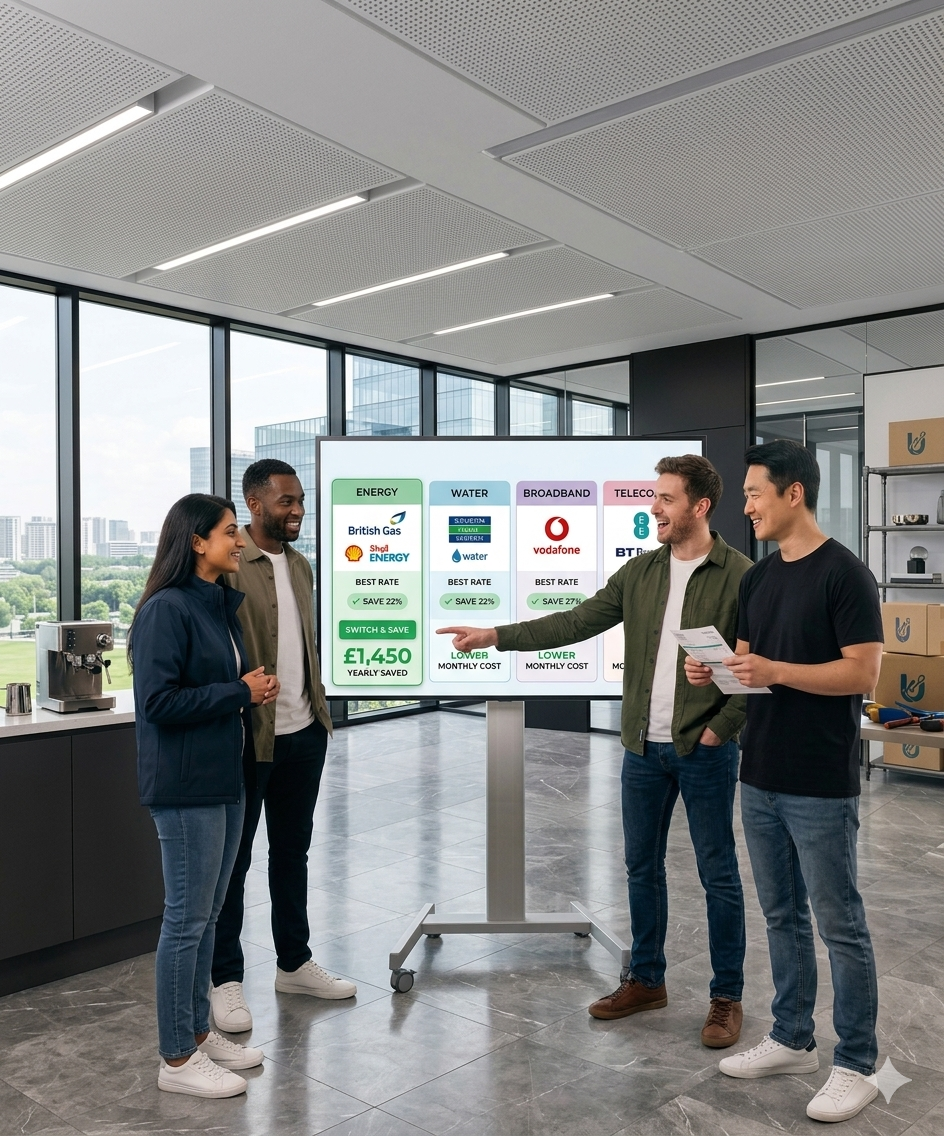 A team discusses about Business Utility Comparison and Savings on a screen showing lower rates for energy, water, broadband, and telecom.