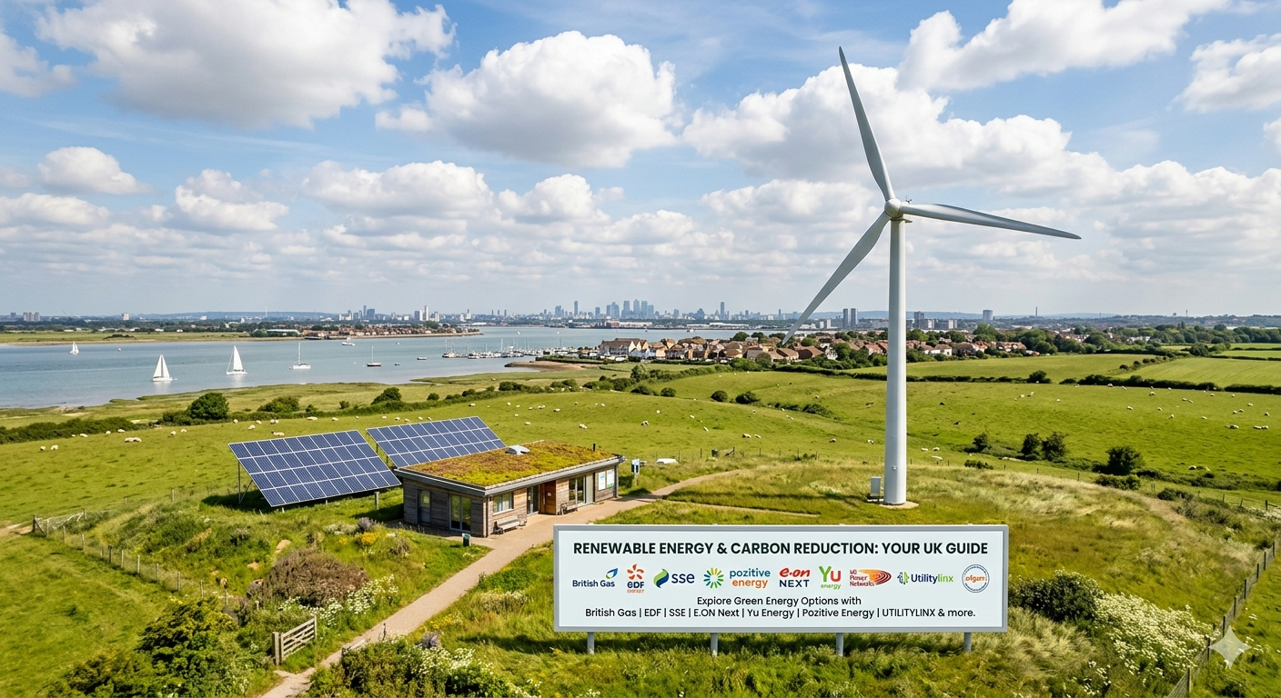 A wind turbine and solar panels in the UK countryside with logos of British Gas, EDF, SSE, and Utilitylinx