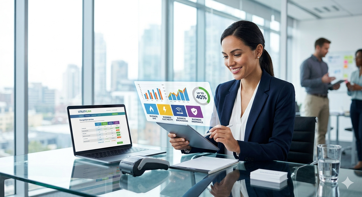 Business Utility Comparison Services showing savings on gas, electricity, and broadband for UK companies.